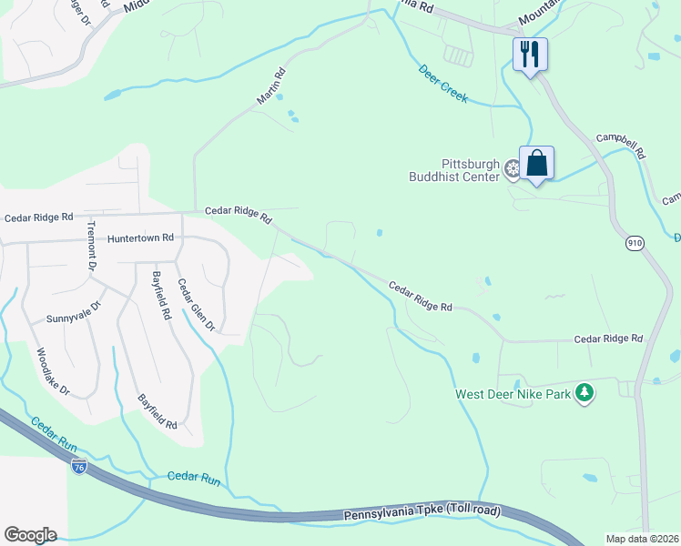 map of restaurants, bars, coffee shops, grocery stores, and more near 3681 Cedar Ridge Road in Allegheny County