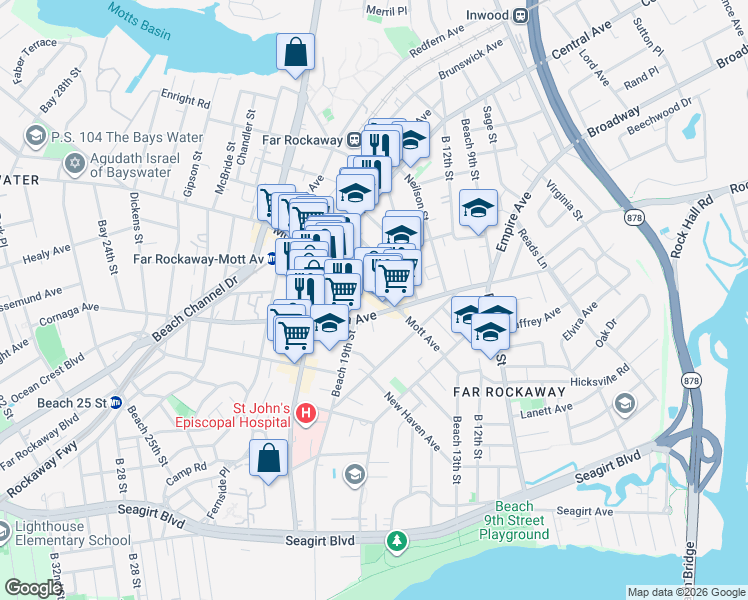 map of restaurants, bars, coffee shops, grocery stores, and more near 18-22 Mott Avenue in Queens