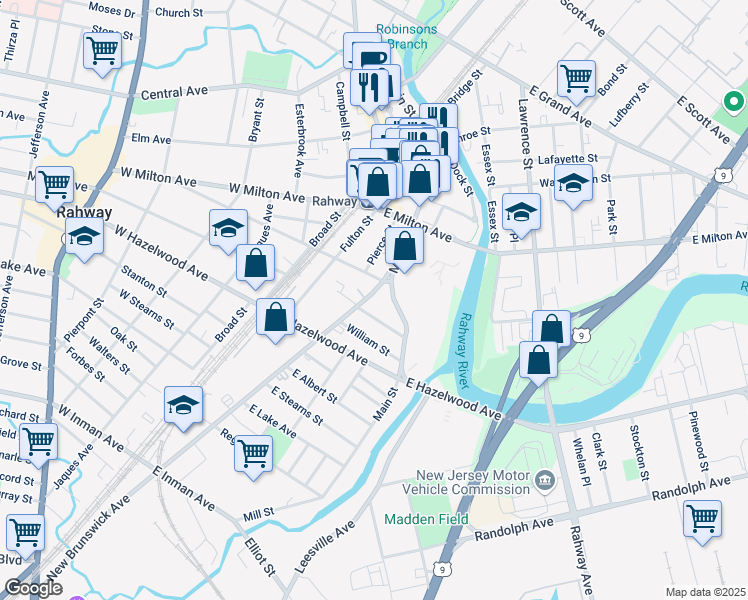 map of restaurants, bars, coffee shops, grocery stores, and more near 127 East Emerson Avenue in Rahway