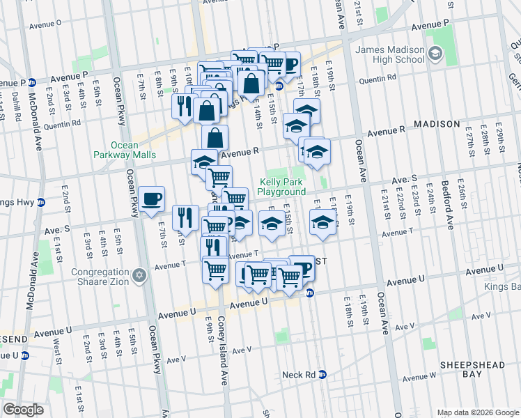 map of restaurants, bars, coffee shops, grocery stores, and more near 1913 East 13th Street in Brooklyn