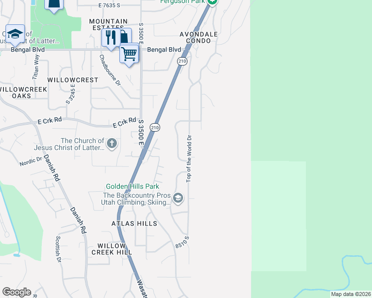 map of restaurants, bars, coffee shops, grocery stores, and more near 8096 Top of the World Drive in Cottonwood Heights