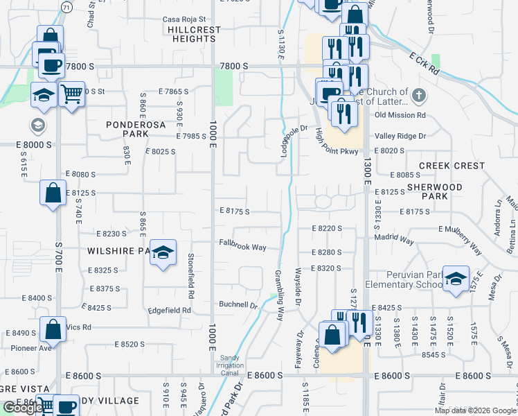 map of restaurants, bars, coffee shops, grocery stores, and more near 8142 Hidden Springs Cove in Sandy