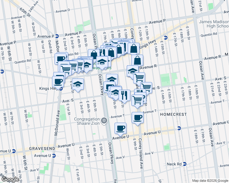 map of restaurants, bars, coffee shops, grocery stores, and more near 1931 East 7th Street in Brooklyn