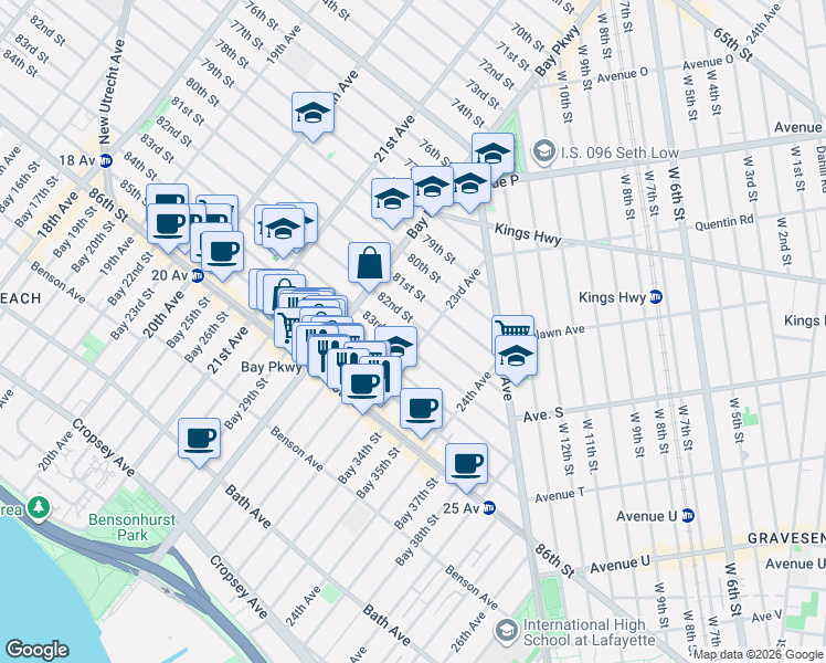 map of restaurants, bars, coffee shops, grocery stores, and more near 2240 82nd Street in Brooklyn