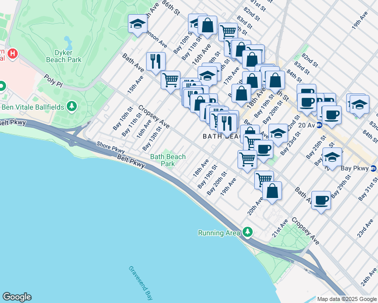 map of restaurants, bars, coffee shops, grocery stores, and more near 8849 17th Avenue in Brooklyn