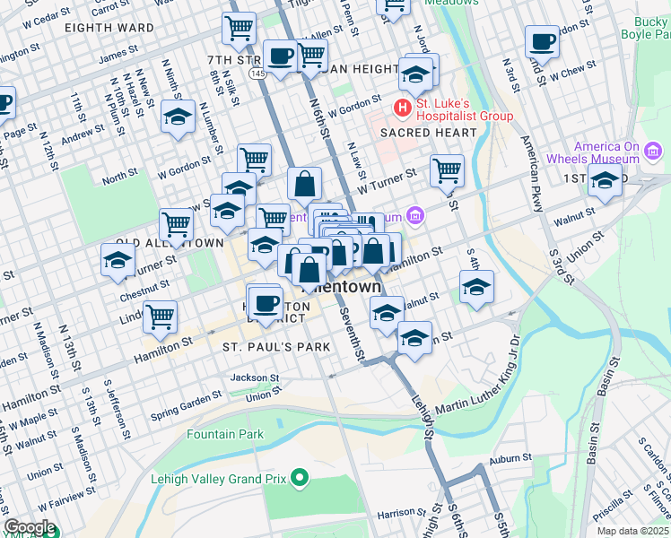 map of restaurants, bars, coffee shops, grocery stores, and more near 628W Linden Street in Allentown