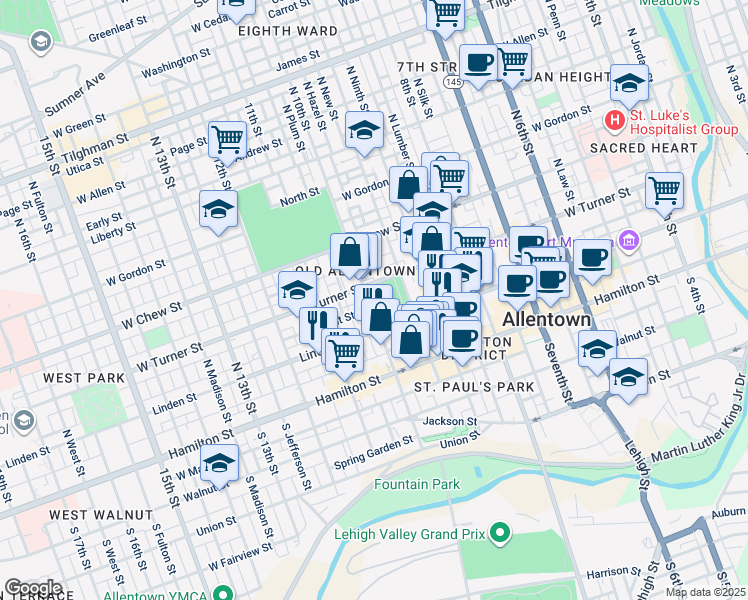 map of restaurants, bars, coffee shops, grocery stores, and more near 943 West Turner Street in Allentown