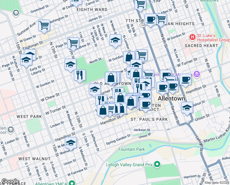 map of restaurants, bars, coffee shops, grocery stores, and more near in Allentown