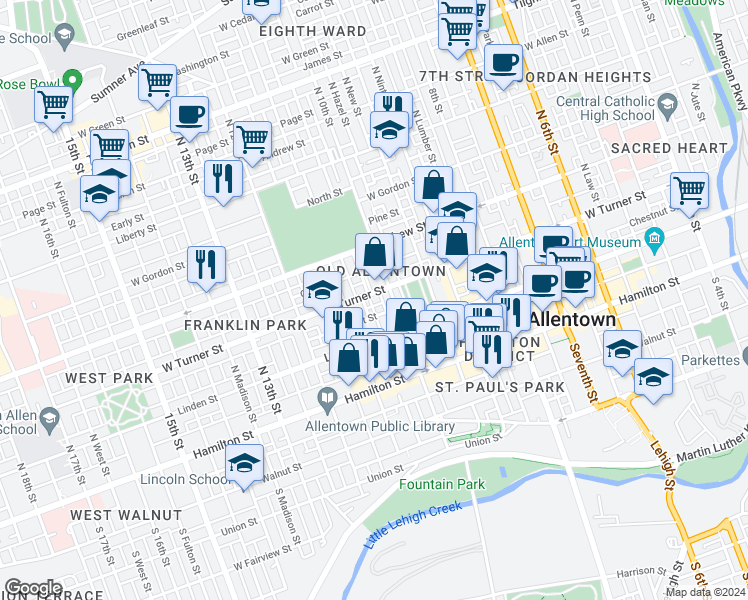 map of restaurants, bars, coffee shops, grocery stores, and more near in Allentown