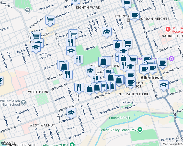 map of restaurants, bars, coffee shops, grocery stores, and more near 223 11th Street in Allentown