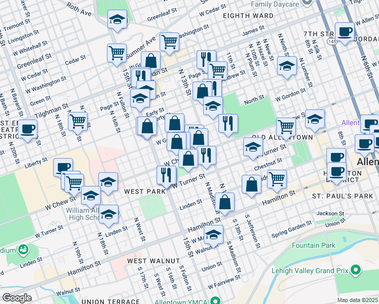map of restaurants, bars, coffee shops, grocery stores, and more near 324 North Madison Street in Allentown