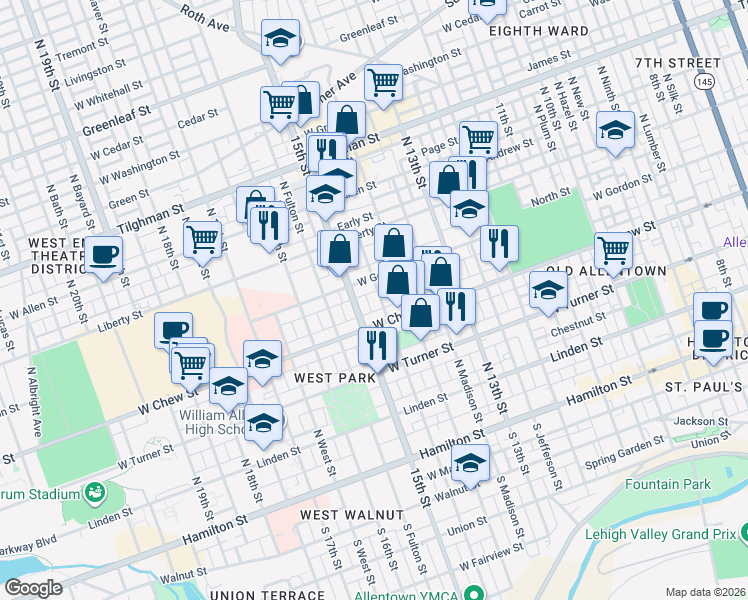 map of restaurants, bars, coffee shops, grocery stores, and more near 1414 West Gordon Street in Allentown