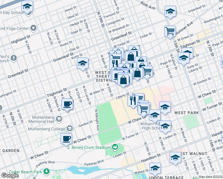 map of restaurants, bars, coffee shops, grocery stores, and more near 1949 Allen Street in Allentown