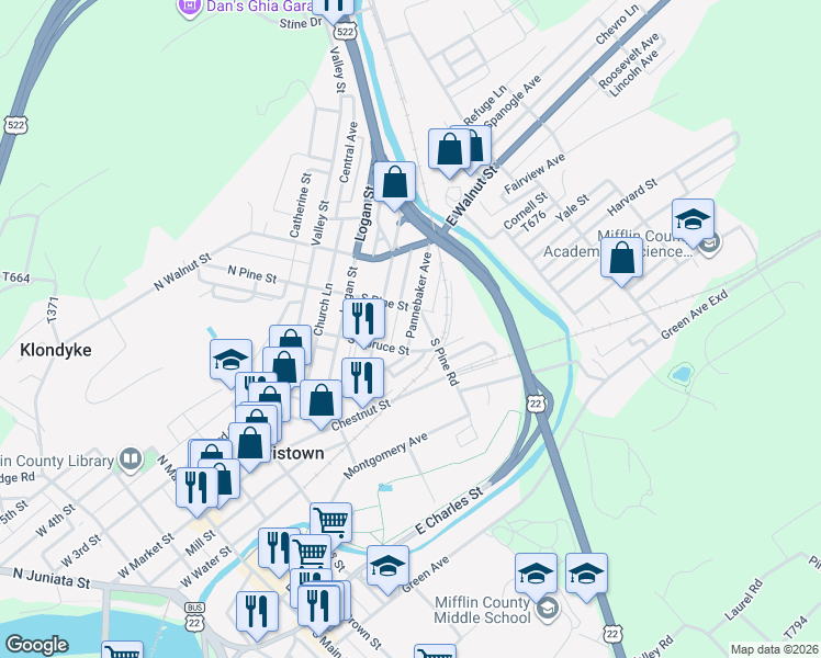 map of restaurants, bars, coffee shops, grocery stores, and more near 299 South Pine Street in Lewistown