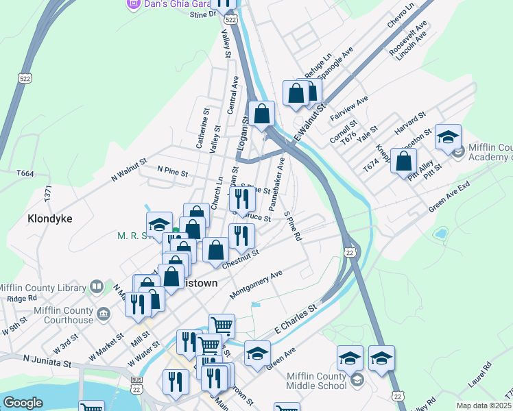 map of restaurants, bars, coffee shops, grocery stores, and more near 118 Shaw Avenue in Lewistown