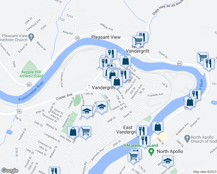 map of restaurants, bars, coffee shops, grocery stores, and more near in Vandergrift