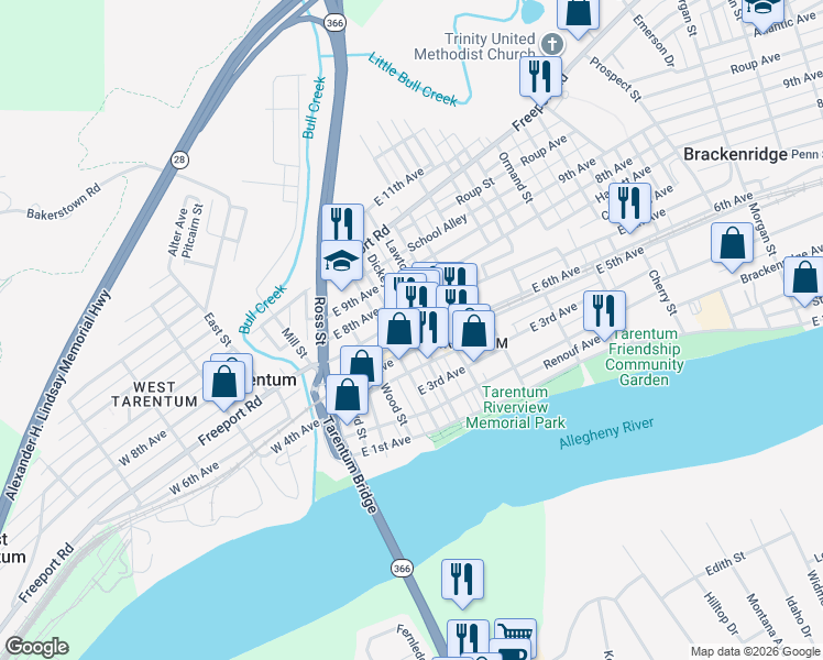 map of restaurants, bars, coffee shops, grocery stores, and more near 332 East 7th Avenue in Tarentum