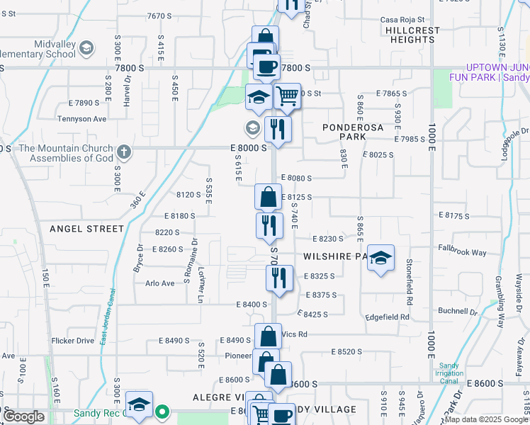 map of restaurants, bars, coffee shops, grocery stores, and more near 8140 South 700 East in Sandy