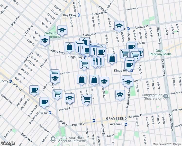 map of restaurants, bars, coffee shops, grocery stores, and more near 1817 West 7th Street in Brooklyn