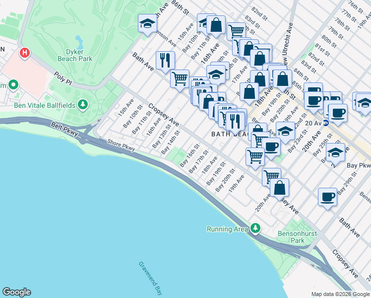 map of restaurants, bars, coffee shops, grocery stores, and more near 8845 17th Avenue in Brooklyn