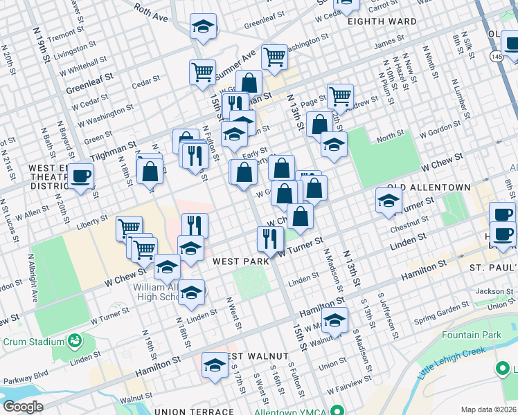 map of restaurants, bars, coffee shops, grocery stores, and more near 1441 West Gordon Street in Allentown
