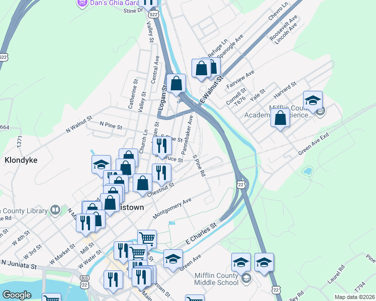 map of restaurants, bars, coffee shops, grocery stores, and more near 207-299 South Pine Street in Lewistown