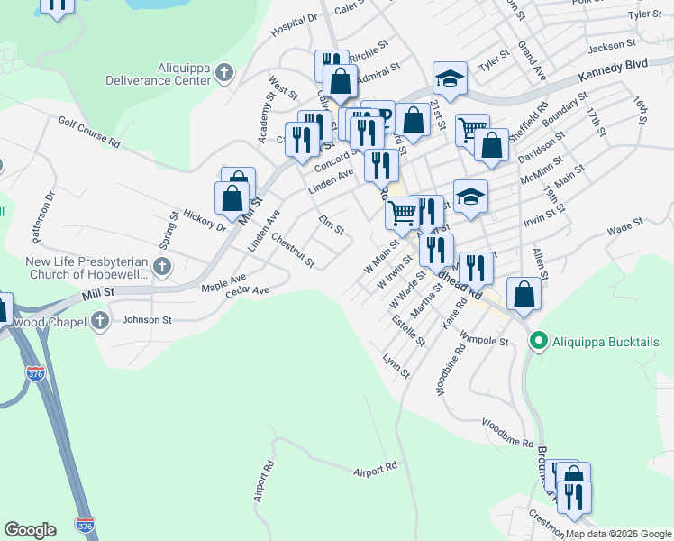 map of restaurants, bars, coffee shops, grocery stores, and more near 139 Beech Street in Aliquippa