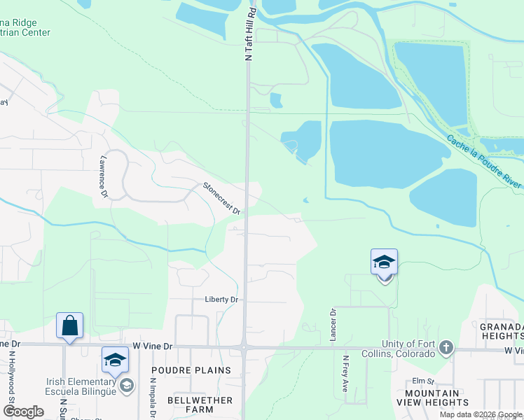 map of restaurants, bars, coffee shops, grocery stores, and more near 1120 North Taft Hill Road in Fort Collins