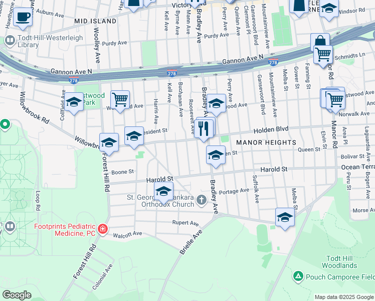 map of restaurants, bars, coffee shops, grocery stores, and more near 521 Buchanan Avenue in Staten Island