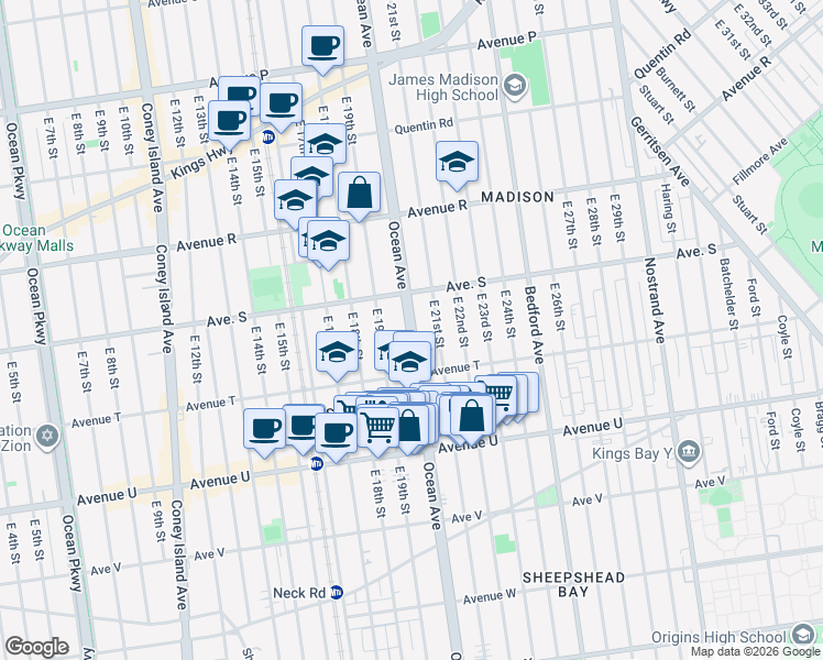 map of restaurants, bars, coffee shops, grocery stores, and more near 2403 Ocean Avenue in Brooklyn
