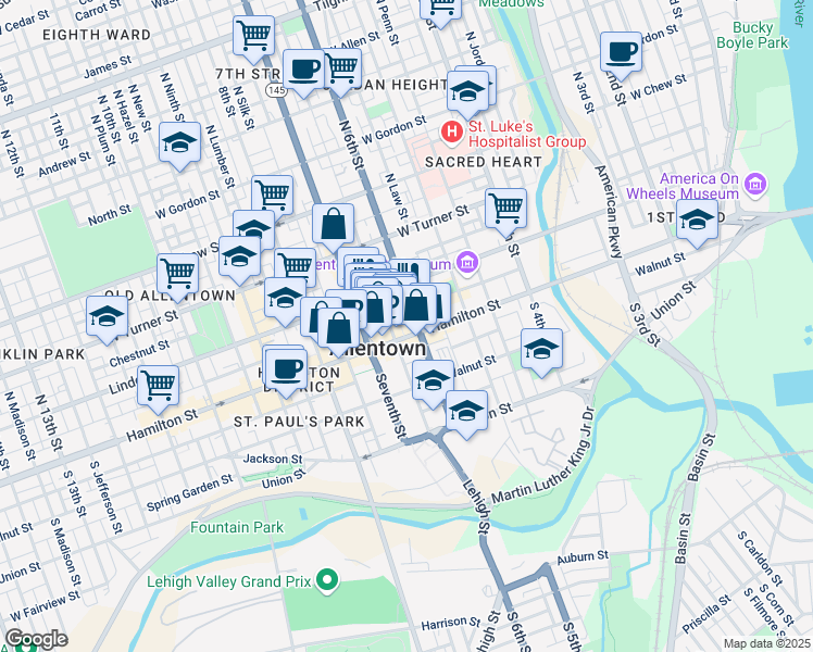 map of restaurants, bars, coffee shops, grocery stores, and more near 628W Linden Street in Allentown