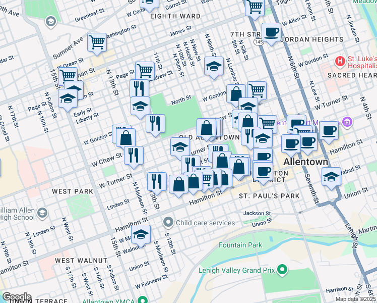 map of restaurants, bars, coffee shops, grocery stores, and more near 1101 West Turner Street in Allentown