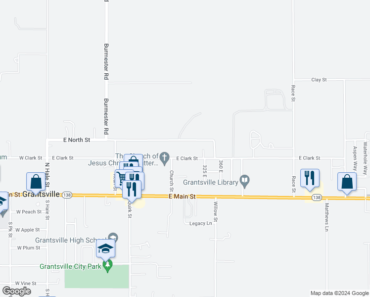 map of restaurants, bars, coffee shops, grocery stores, and more near 305 East Clark Street in Grantsville