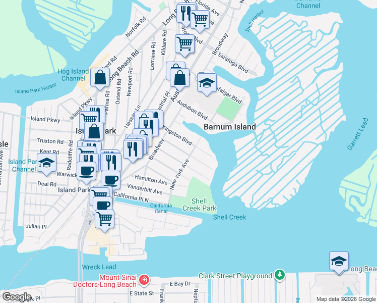 map of restaurants, bars, coffee shops, grocery stores, and more near 189 Pennsylvania Avenue in Island Park