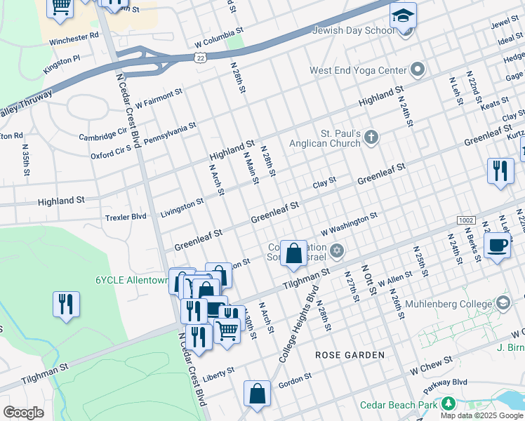 map of restaurants, bars, coffee shops, grocery stores, and more near 2825-2829 Greenleaf Street in Allentown