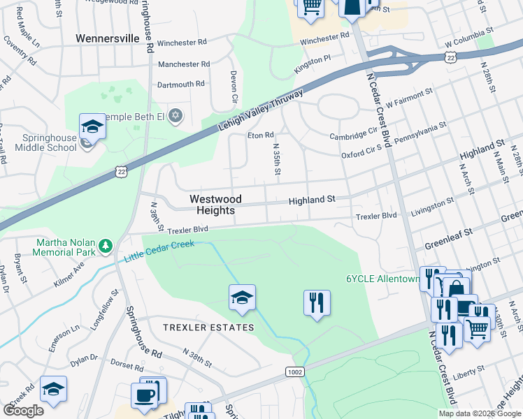 map of restaurants, bars, coffee shops, grocery stores, and more near 3517 West Highland Street in Allentown