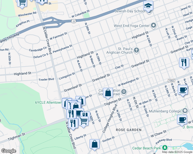 map of restaurants, bars, coffee shops, grocery stores, and more near 2825-2829 Greenleaf Street in Allentown