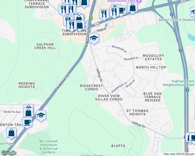 map of restaurants, bars, coffee shops, grocery stores, and more near 211 Ridgetop Drive in Redding