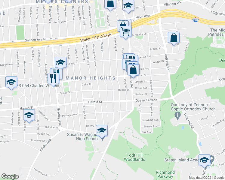 map of restaurants, bars, coffee shops, grocery stores, and more near 73 Queen St in Staten Island