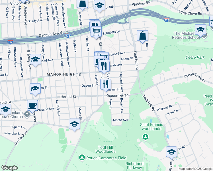 map of restaurants, bars, coffee shops, grocery stores, and more near 29 Croak Avenue in Staten Island