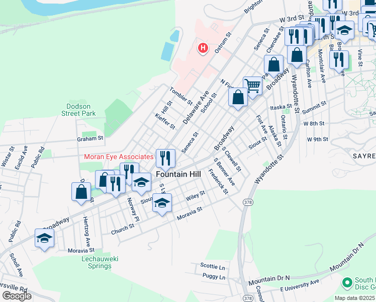 map of restaurants, bars, coffee shops, grocery stores, and more near 1062 Seneca Street in Fountain Hill