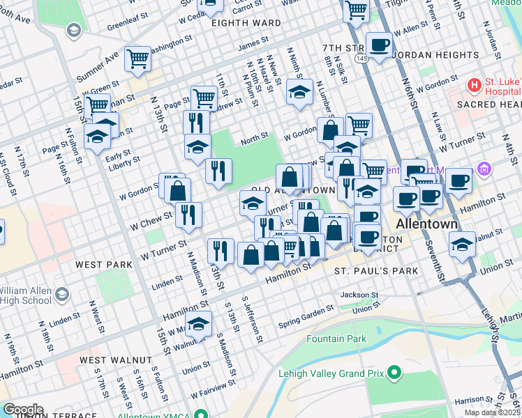 map of restaurants, bars, coffee shops, grocery stores, and more near 1107 West Turner Street in Allentown