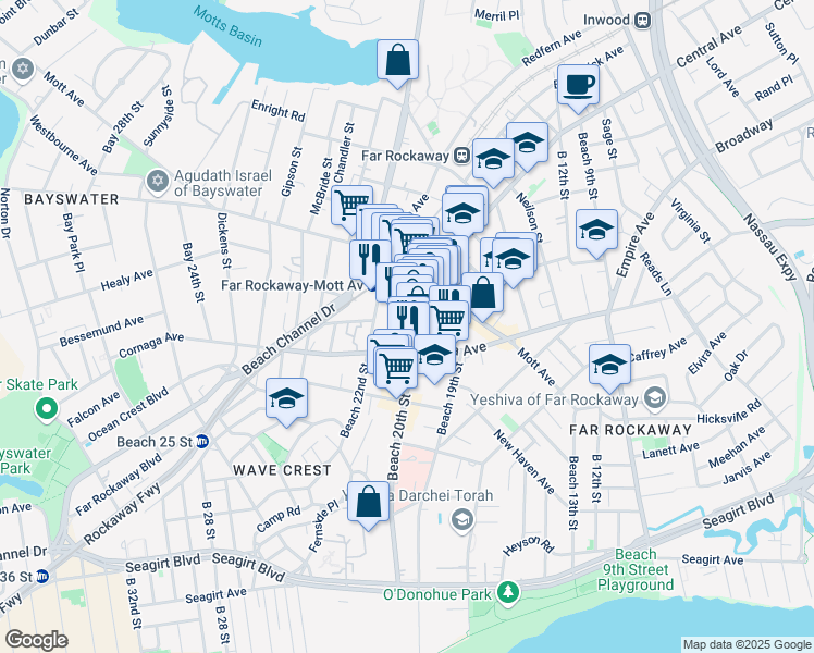 map of restaurants, bars, coffee shops, grocery stores, and more near 1046 Beach 21st Street in Queens