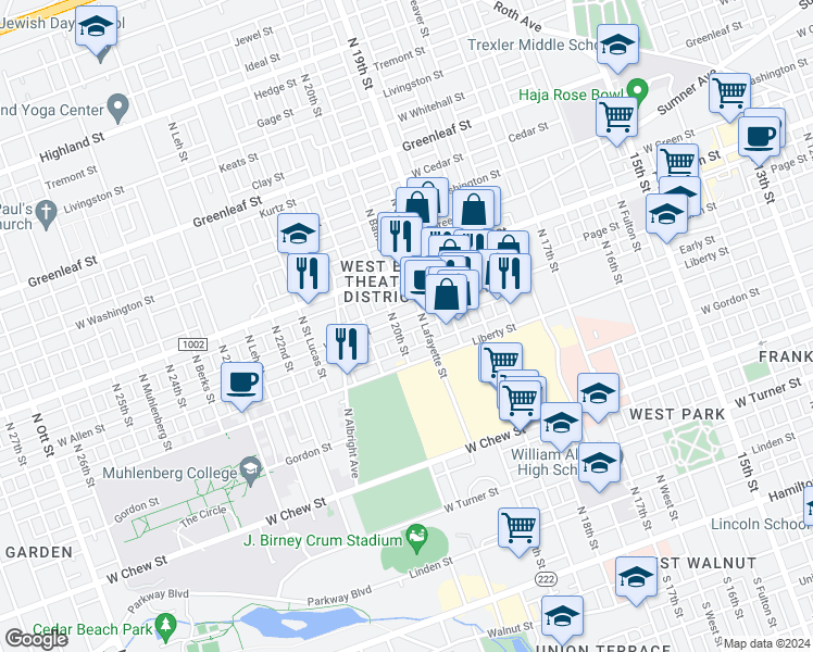 map of restaurants, bars, coffee shops, grocery stores, and more near 1949 Allen Street in Allentown