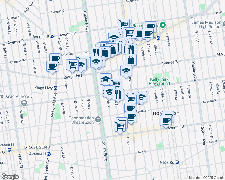 map of restaurants, bars, coffee shops, grocery stores, and more near 1868 East 9th Street in Brooklyn