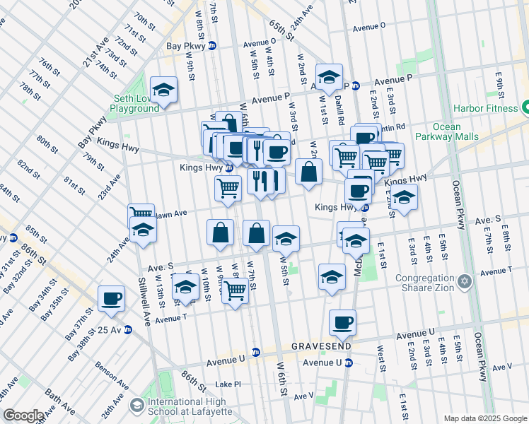 map of restaurants, bars, coffee shops, grocery stores, and more near 195 Highlawn Avenue in Brooklyn