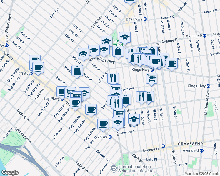 map of restaurants, bars, coffee shops, grocery stores, and more near 1765 Stillwell Avenue in Brooklyn