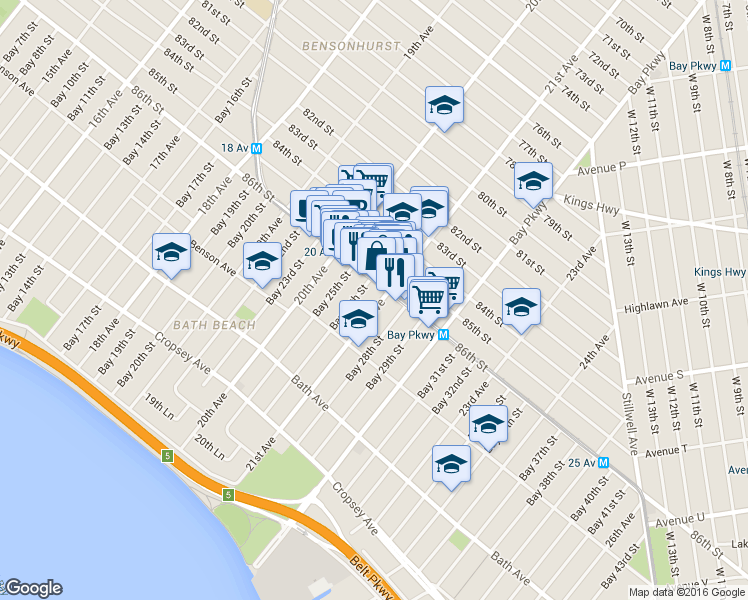 map of restaurants, bars, coffee shops, grocery stores, and more near 2071 86th Street in Brooklyn