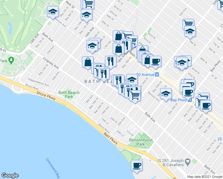 map of restaurants, bars, coffee shops, grocery stores, and more near 1822 Bath Avenue in Brooklyn