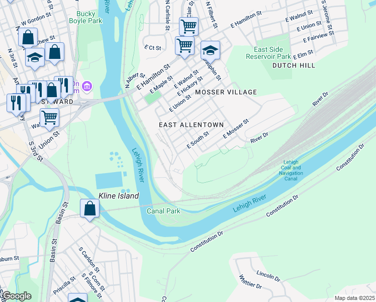 map of restaurants, bars, coffee shops, grocery stores, and more near 158 East Ford Street in Allentown